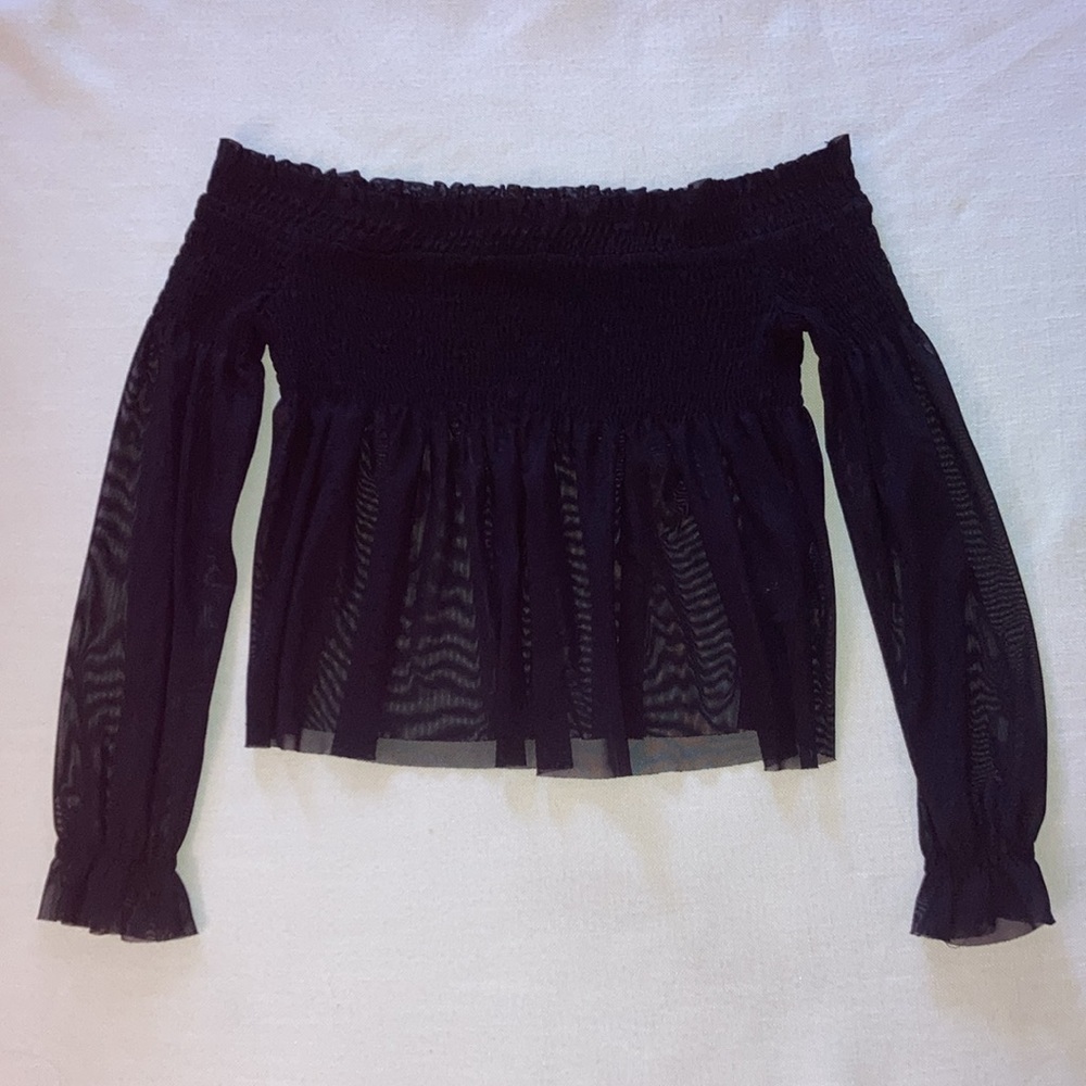 PINS AND NEEDLES | Black Sheer Off-the Shoulder Smocked Long Sleeve Shirt